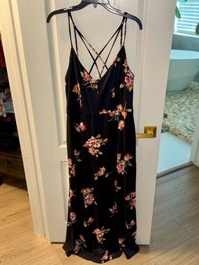 nine britton Black Floral Maxi Dress with Pink and Cream Blooms